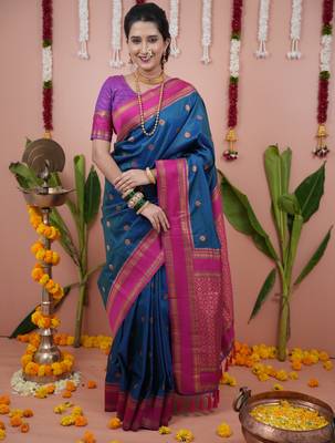 Teal blue floral, zari work soft silk saree with blouse 1