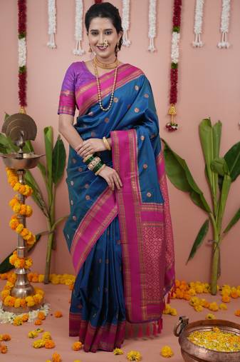 Teal blue floral, zari work soft silk saree with blouse