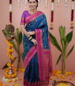 Teal blue floral, zari work soft silk saree with blouse