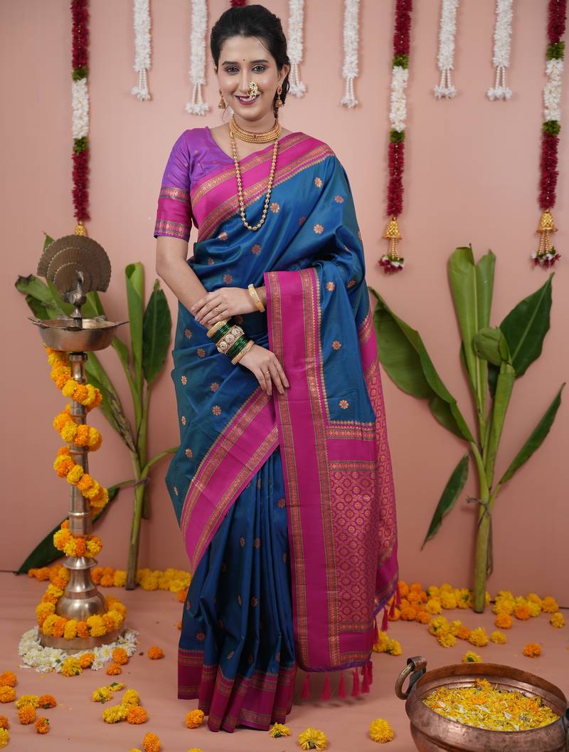 Teal blue floral, zari work soft silk saree with blouse