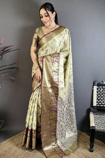 Light green floral, paisely, zari woven banarasi silk saree with blouse