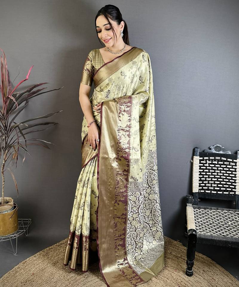 Light green floral, paisely, zari woven banarasi silk saree with blouse
