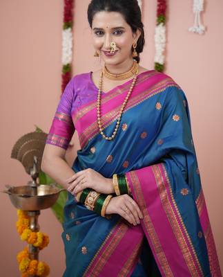 Teal blue floral, zari work soft silk saree with blouse 2