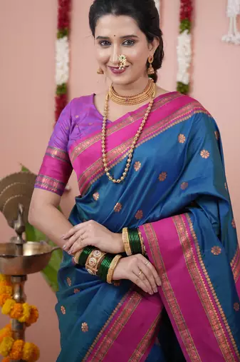 Teal blue floral, zari work soft silk saree with blouse
