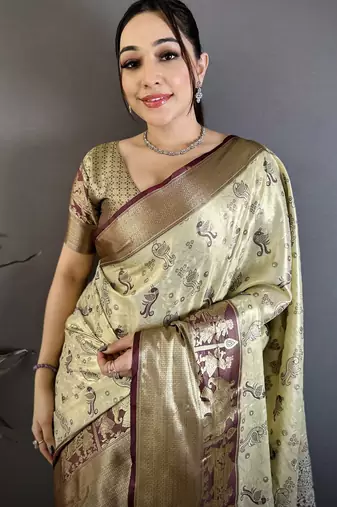 Light green floral, paisely, zari woven banarasi silk saree with blouse