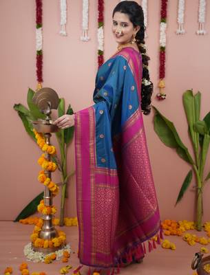 Teal blue floral, zari work soft silk saree with blouse 3