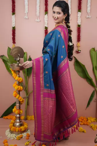 Teal blue floral, zari work soft silk saree with blouse