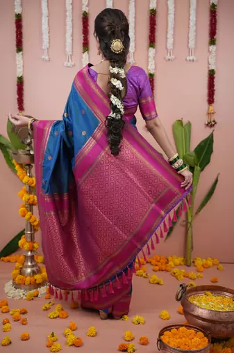 Teal blue floral, zari work soft silk saree with blouse