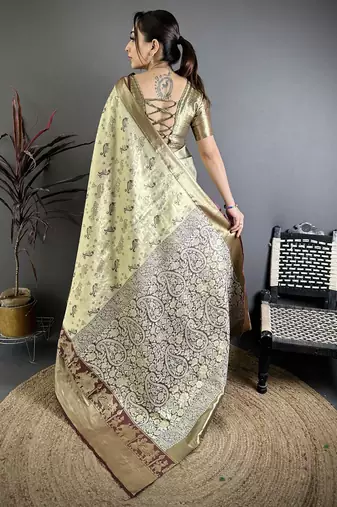 Light green floral, paisely, zari woven banarasi silk saree with blouse