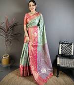 Mint green floral, paisely, zari woven banarasi silk saree with blouse