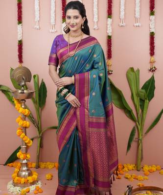 Teal green floral, zari work soft silk saree with blouse 1