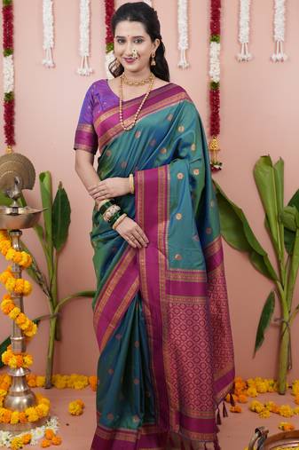 Teal green floral, zari work soft silk saree with blouse