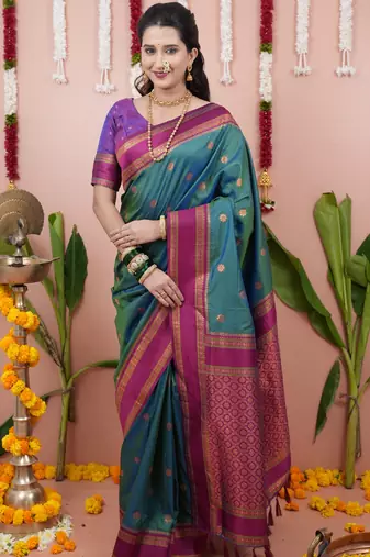 Teal green floral, zari work soft silk saree with blouse
