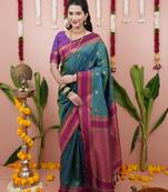 Teal green floral, zari work soft silk saree with blouse