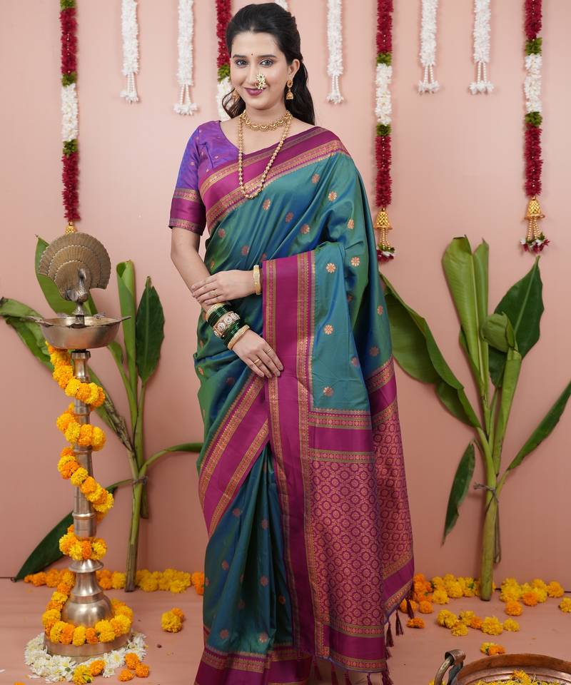 Teal green floral, zari work soft silk saree with blouse