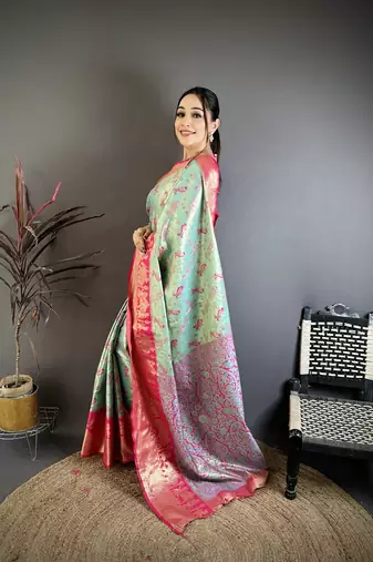 Mint green floral, paisely, zari woven banarasi silk saree with blouse