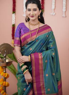Teal green floral, zari work soft silk saree with blouse 2