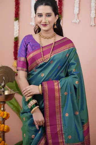 Teal green floral, zari work soft silk saree with blouse