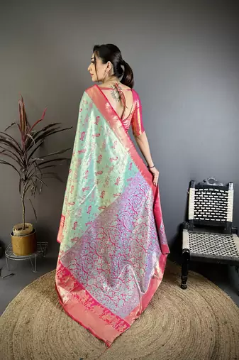 Mint green floral, paisely, zari woven banarasi silk saree with blouse