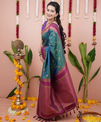 Teal green floral, zari work soft silk saree with blouse 3