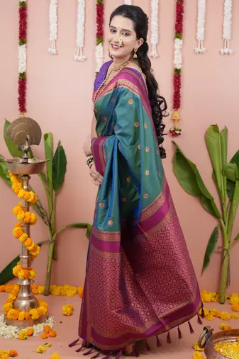 Teal green floral, zari work soft silk saree with blouse