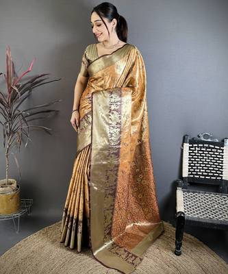 Orange floral paisely zari woven banarasi silk blend saree with blouse 1