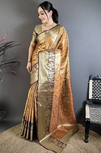 Orange floral, paisely, zari woven banarasi silk saree with blouse