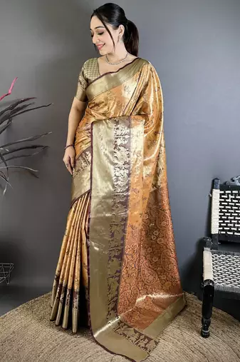 Orange floral, paisely, zari woven banarasi silk saree with blouse