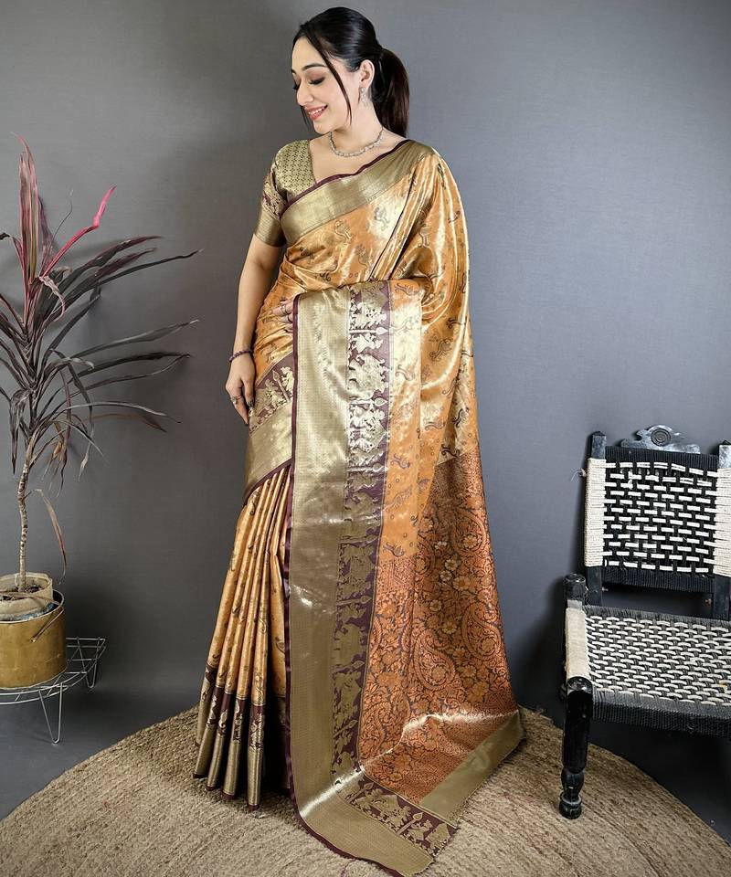 Orange floral, paisely, zari woven banarasi silk saree with blouse