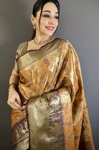 Orange floral, paisely, zari woven banarasi silk saree with blouse