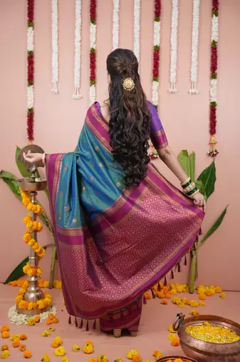 Teal green floral, zari work soft silk saree with blouse