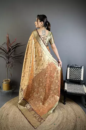 Orange floral, paisely, zari woven banarasi silk saree with blouse