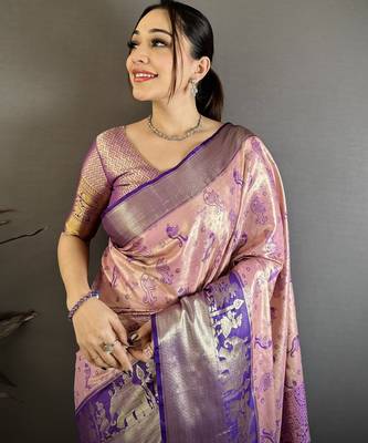 Pink floral paisely zari woven banarasi silk blend saree with blouse 2