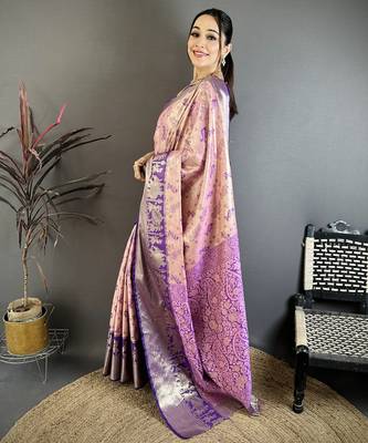 Pink floral paisely zari woven banarasi silk blend saree with blouse 4