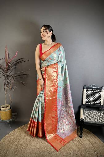 Sky blue floral, paisely, zari woven banarasi silk saree with blouse