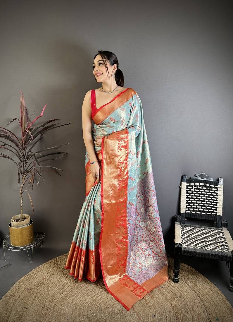 Sky blue floral, paisely, zari woven banarasi silk saree with blouse