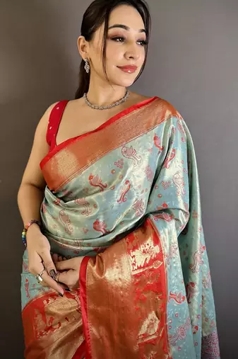 Sky blue floral, paisely, zari woven banarasi silk saree with blouse