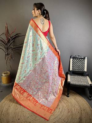 Sky blue floral paisely zari woven banarasi silk blend saree with blouse 5