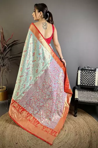 Sky blue floral, paisely, zari woven banarasi silk saree with blouse