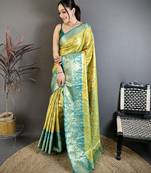 Yellow floral paisely zari woven banarasi silk blend saree with blouse