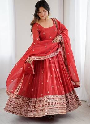 Heavy premium  pure crunchy silk fabric fully flair gown embroidary sequence and jari work rust readymed ethnic gown 2