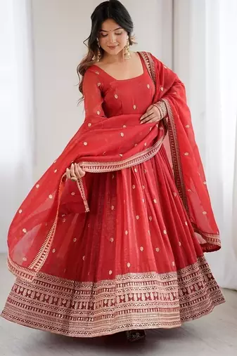 Heavy premium  pure crunchy silk fabric fully flair gown embroidary sequence and jari work rust readymed ethnic gown