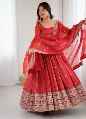 Heavy premium  pure crunchy silk fabric fully flair gown embroidary sequence and jari work rust readymed ethnic gown 3