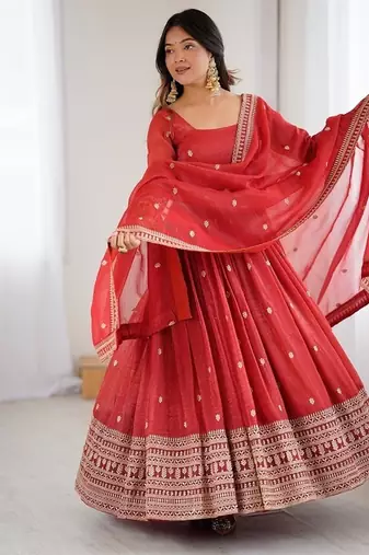 Heavy premium  pure crunchy silk fabric fully flair gown embroidary sequence and jari work rust readymed ethnic gown