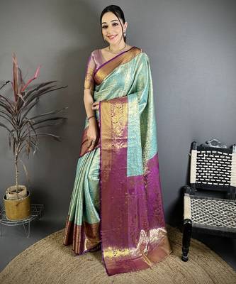Aqua blue purple floral zari woven silk blend saree with blouse 1