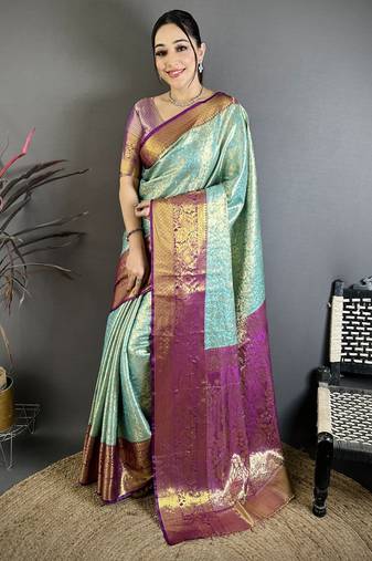 Aqua blue, purple floral, zari woven kanjivaram silk saree with blouse