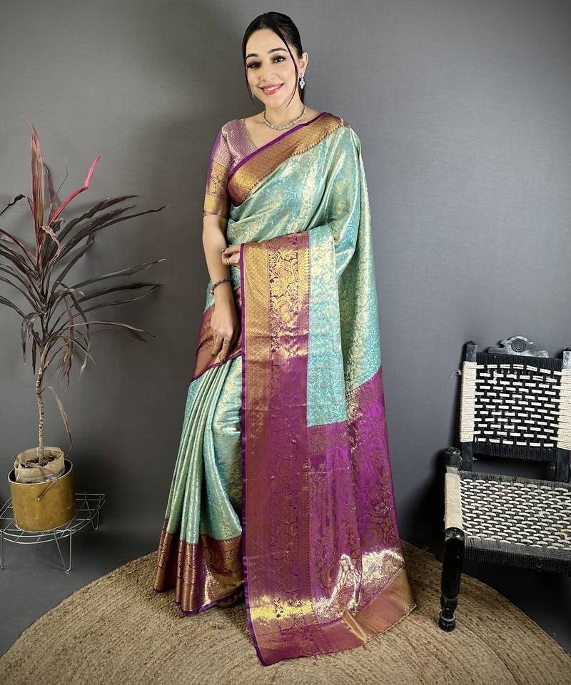 Aqua blue, purple floral, zari woven kanjivaram silk saree with blouse