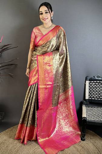 Brown, pink floral, zari woven kanjivaram silk saree with blouse