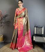 Brown, pink floral, zari woven kanjivaram silk saree with blouse