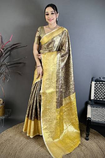 Brown, yellow floral, zari woven kanjivaram silk saree with blouse